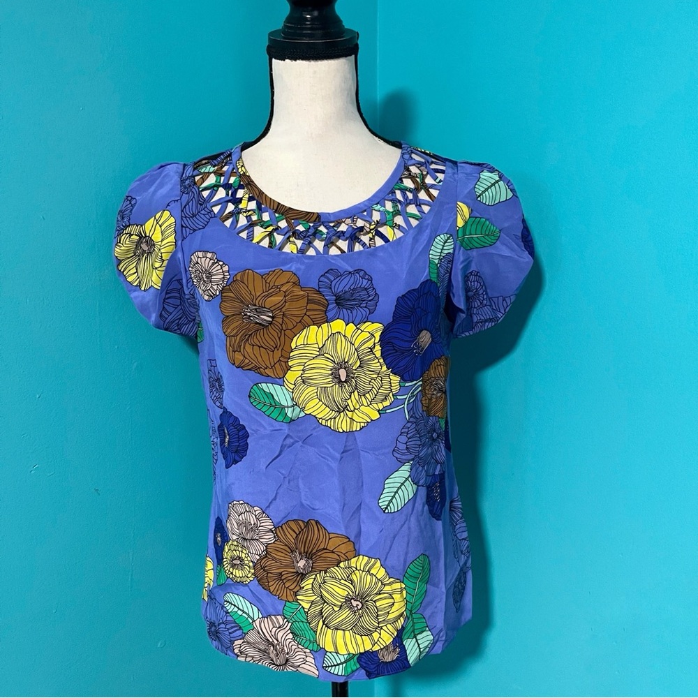 Tibi 4 Blue Floral Print Geometric Neck Cut Out Short Sleeve 100% Silk Blouse